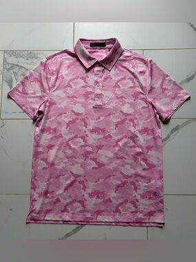 G/Fore Mapped Camo Tech Jersey Short Sleeve Golf Polo Shirt Size M Blush Pink